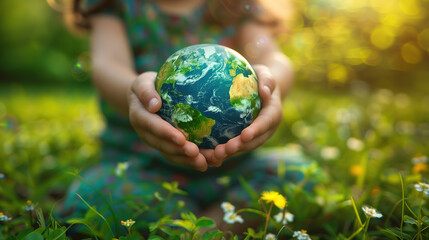 Child Holding a Globe Tenderly Amidst Nature on a Sunny Earth Day