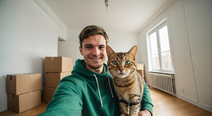 Young student man taking selfie with a cat in new apartment with cardboard boxes in the background. Moving to new home, mortgage, rental concept - obrazy, fototapety, plakaty