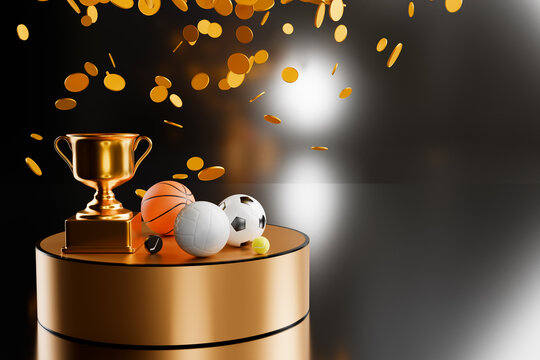 Sports betting champions cup and balls on the podium 3d rendering.