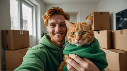 Young student man taking selfie with a cat in new apartment with cardboard boxes in the background. Moving to new home, mortgage, rental concept - obrazy, fototapety, plakaty
