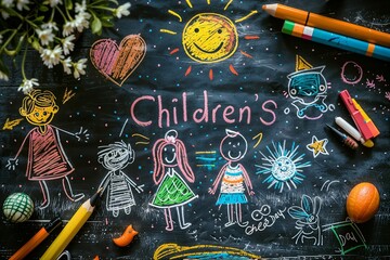 Colorful chalk drawing on a blackboard, with child-like sketches of people and the sun, and the text “Children’s Day” prominently displayed