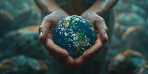 Intimate perspective of hands cradling a detailed globe with a soft focus on the surrounding natural elements