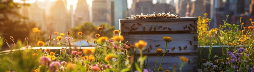 A beehive sits in a field of flowers on a rooftop in New York City.
