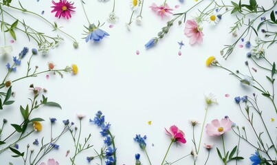Wild flowers scattered on white background. Boho style.