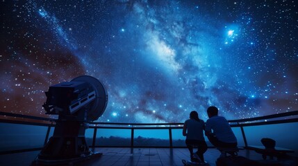 A couple is looking at the starry sky from an observatory. - obrazy, fototapety, plakaty