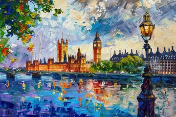 Oil painting, summer in London. city landscape. Vivid colors. Big Ben, London Eye, Westminster, wallpaper - obrazy, fototapety, plakaty