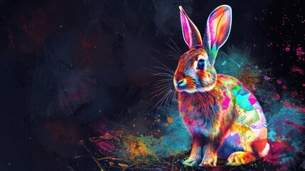 Multicolored abstract image of a sitting rabbit in watercolor style on a black background. digital vector graphics