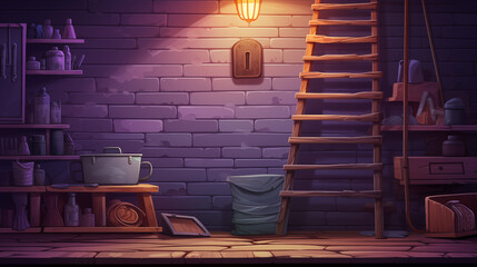 Vintage Potion Laboratory with Brick Wall and Wooden Ladder