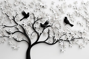 a black and white photo of a tree with birds on it