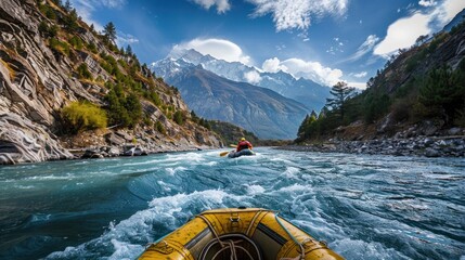 Rafting on a big boat on a mountain river, wide angle lens