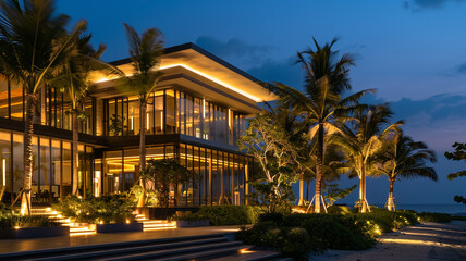 Fototapeta na wymiar Night view of a luxurious beach villa, with landscape lighting that highlights its modern architecture and the surrounding palm trees.