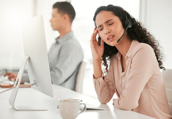 Stress, headache and woman call center consultant with computer in office with burnout for crm....