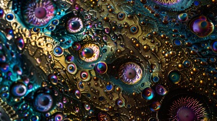 A microscopic view of a bacterial colony looking like a mosaic of iridescent cells each with a unique and intricate design. - obrazy, fototapety, plakaty
