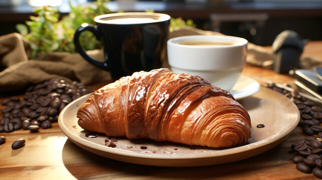Croissant with jam and cup of coffee on the table in moderm kitchen, window on background.