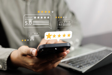 Online customer satisfaction Survey service concept, client rate service from experience in application,Consumer give five-Stars and feedback review for quality, Business reputation ranking from buyer