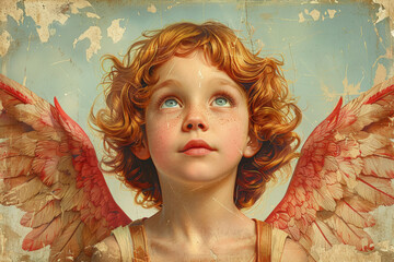 Child with Wings Looks Skyward, Radiating Innocence and Amazement