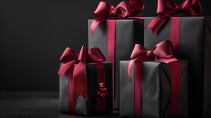 Three Black and Red Wrapped Presents With Red Bows