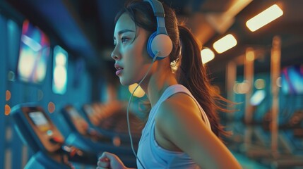 Beautiful young Asian woman running on a treadmill and listening to music through headphones during...
