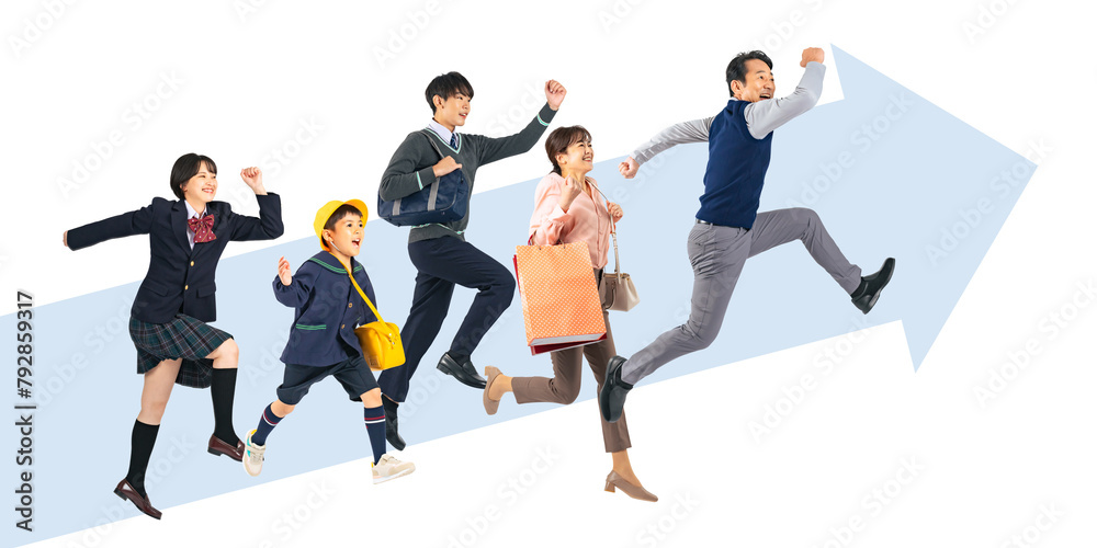 Poster 上に向かってジャンプする家族　手作業で精密に切り抜いた背景透過全身写真png（1人ずつのpng画像も販売しております。作成者リンクから「png」で検索してください）