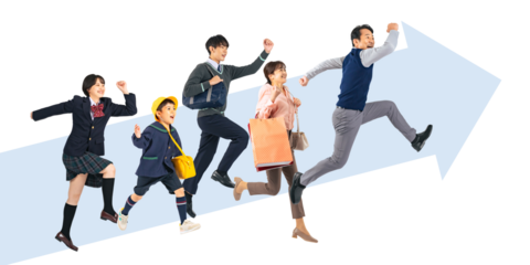 上に向かってジャンプする家族　手作業で精密に切り抜いた背景透過全身写真PNG（1人ずつのPNG画像も販売しております。作成者リンクから「PNG」で検索してください）