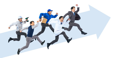 ジャンプする様々な職業に扮した同一人物ミドル男性の合成イメージ 背景透過全身写真PNG