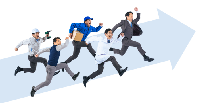 ジャンプする様々な職業に扮した同一人物ミドル男性の合成イメージ 背景透過全身写真PNG