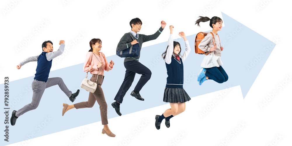 Poster 上に向かってジャンプする家族　手作業で精密に切り抜いた背景透過全身写真png（1人ずつのpng画像も販売しております。作成者リンクから「png」で検索してください）