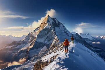 Climbers on the top of a mountain in Himalayas