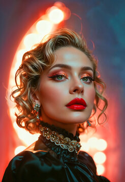 Image features a digital painting of a woman with blonde curly hair. Generative AI