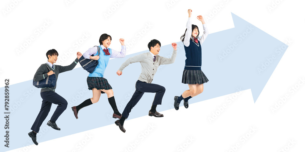Aufkleber 上に向かってジャンプする学生のグループ　手作業で精密に切り抜いた背景透過全身写真png（1人ずつのpng画像も販売しております。作成者リンクから「png」で検索してください）