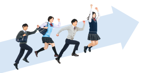 上に向かってジャンプする学生のグループ　手作業で精密に切り抜いた背景透過全身写真PNG（1人ずつのPNG画像も販売しております。作成者リンクから「PNG」で検索してください）