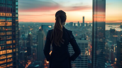 Fototapeta na wymiar Selbstbewusste Geschäftsfrau über den Wolkenkratzern