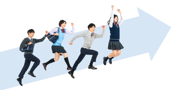 上に向かってジャンプする学生のグループ　手作業で精密に切り抜いた背景透過全身写真PNG（1人ずつのPNG画像も販売しております。作成者リンクから「PNG」で検索してください）