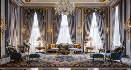 Fototapeta premium interior design of a modern luxury living room in an Arabic style with a golden and blue color theme, a gold chandelier, cream white curtains, a light grey marble floor, wooden furniture