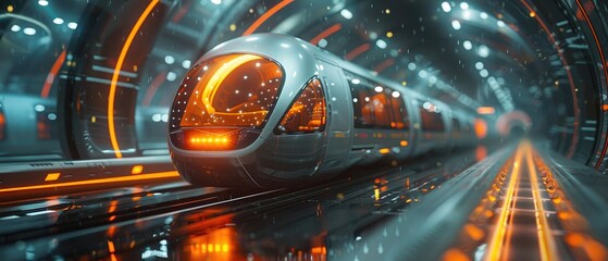 Futuristic transit system with electric maglev trains running through green tunnels and...