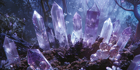 Field of Amethyst Fantasy Forest Concept - tall upstanding terminated crystal wands coming out of the forest floor with a misty pale blue background ideal for a crystal therapy wall art canvas
