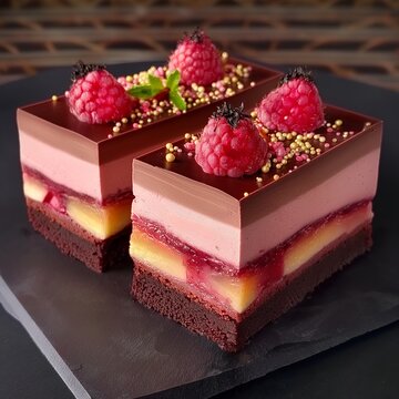 a decadent Chocolate Cake with Strawberry-Raspberry and Peach Mousse