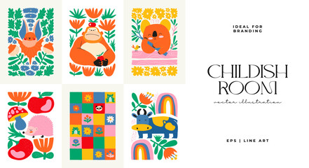 Fototapeta premium Abstract Childrens Room posters template. Modern trendy Kids minimal style. Hand drawn design for wallpaper, wall decor, print, postcard, cover, template, banner. 