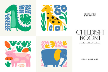 Abstract Childrens Room posters template. Modern trendy Kids minimal style. Hand drawn design for wallpaper, wall decor, print, postcard, cover, template, banner. 