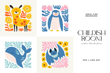 Abstract Childrens Room posters template. Modern trendy Kids minimal style. Hand drawn design for wallpaper, wall decor, print, postcard, cover, template, banner. 