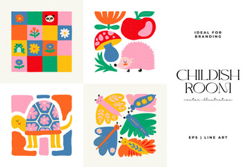 Abstract Childrens Room posters template. Modern trendy Kids minimal style. Hand drawn design for wallpaper, wall decor, print, postcard, cover, template, banner. 