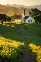 Nestled atop a gentle slope, amidst a patchwork of vibrant green fields and rolling hills, stands a quaint and charming small church. 