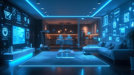 Smart home showcases connected devices and appliances in modern living space