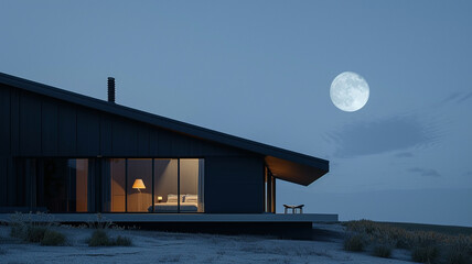 Side perspective of a matte charcoal craftsman cottage with an expansive shed roof, in the serene light of a full moon, the minimalist design emphasizing the beauty of simplicity and contrast. - Powered by Adobe