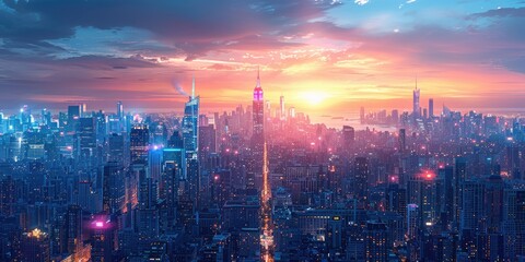 Panoramic view of a futuristic metropolis managed by AI, with predictive analytics for efficient urban living, showcasing the skyline