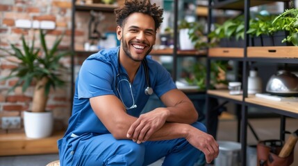 Laughing African American male nurse in blue scrubs enjoying a break in a modern indoor setting - obrazy, fototapety, plakaty
