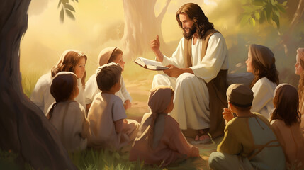 Jesus with group of children in park. Teaching children about Jesus Christ fosters love, faith, compassion, guiding them on spiritual journey rooted in divine, holy principles within their religion.