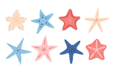 Starfish vector set in cartoon flat style. Sea animal underwater. Echinoderm. Marine icon Isolated on white background. Summer vector illustration