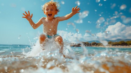 An exuberant young child splashing in the sea water on a sunny beach, with a backdrop of blue skies