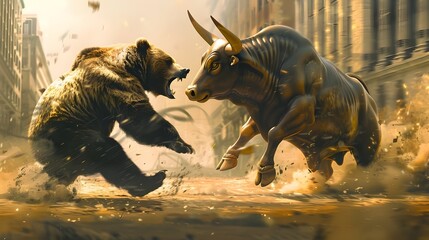 Conceptual Depiction of Bear and Bull Clash Symbolizing Market Volatility and Turbulence